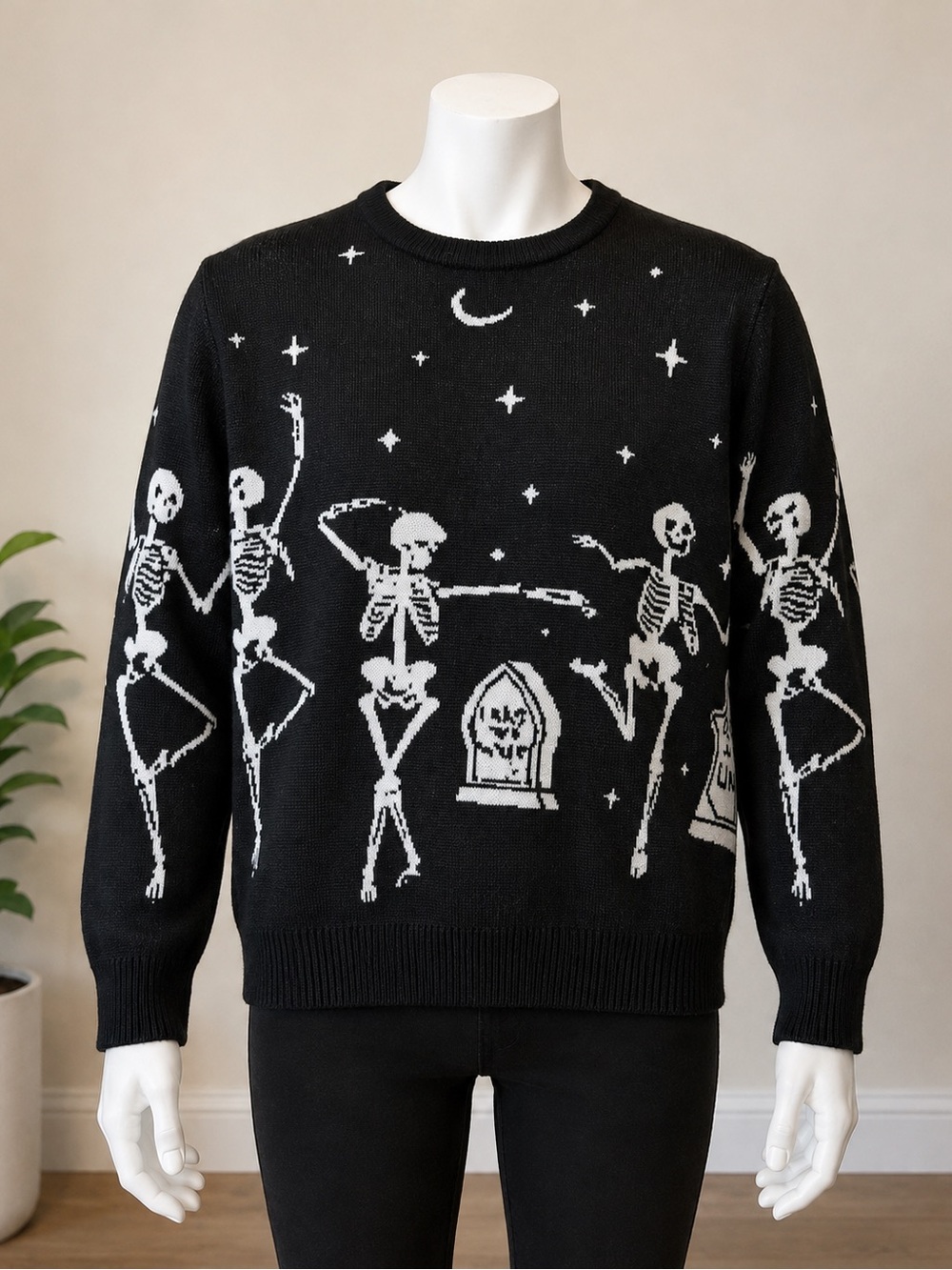 Skeleton Halloween Sweater Medium Black Gothic Spooky Dancing Skeleton Crewneck